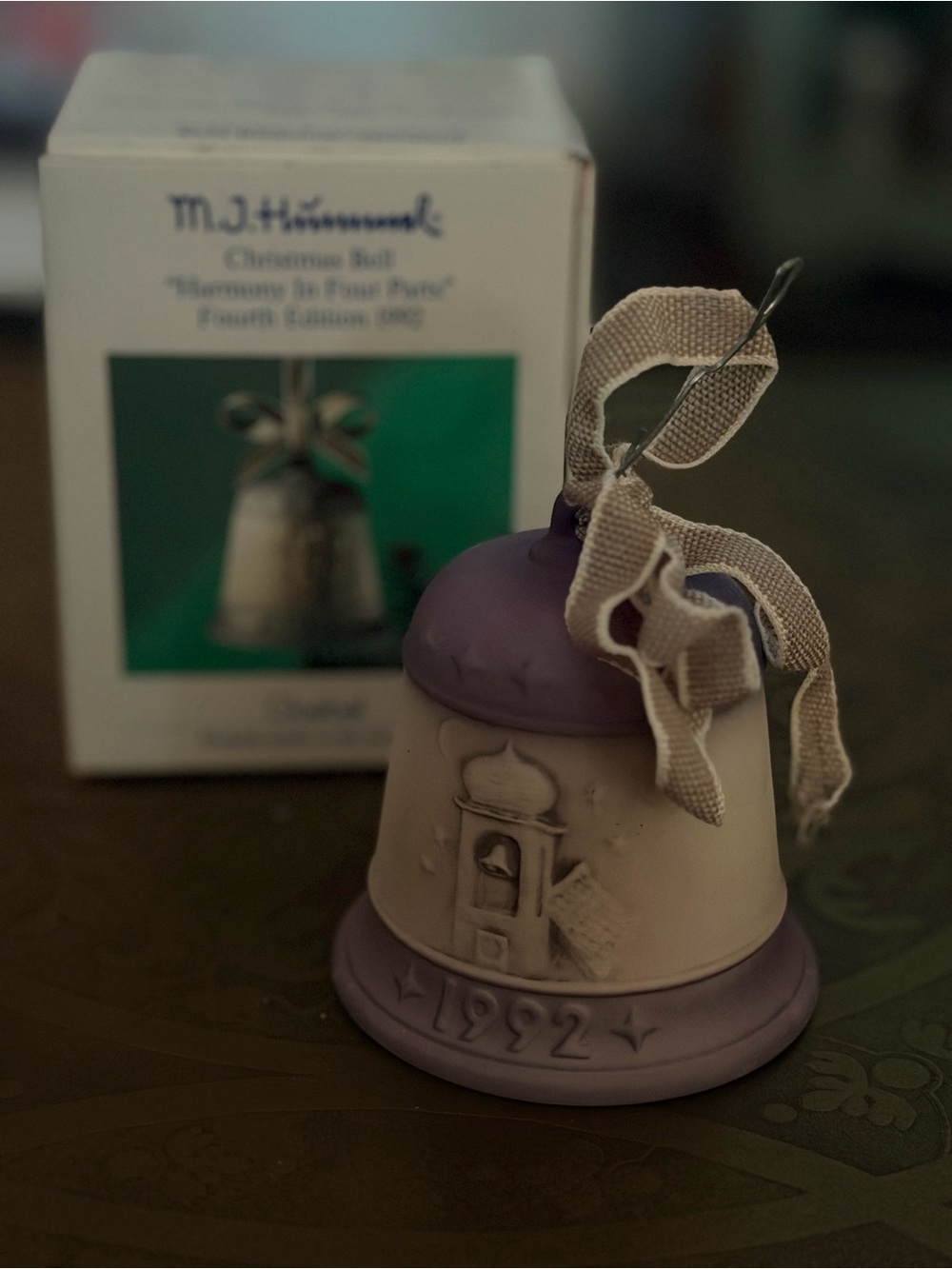 1992 Hummel Lavender & Cream Porcelain Bell Ornament